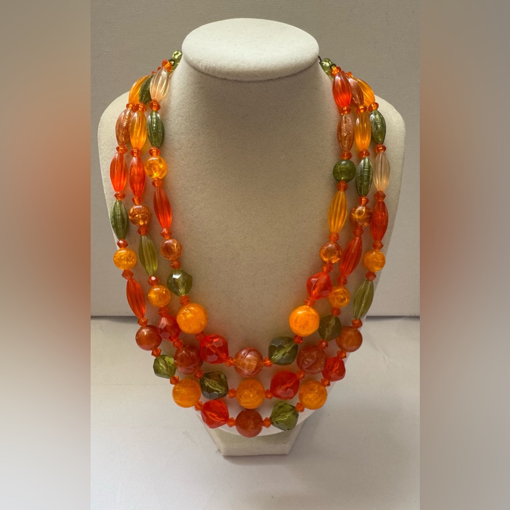 Vintage Western Germany Triple-Strand Orange and Green Beaded Necklace